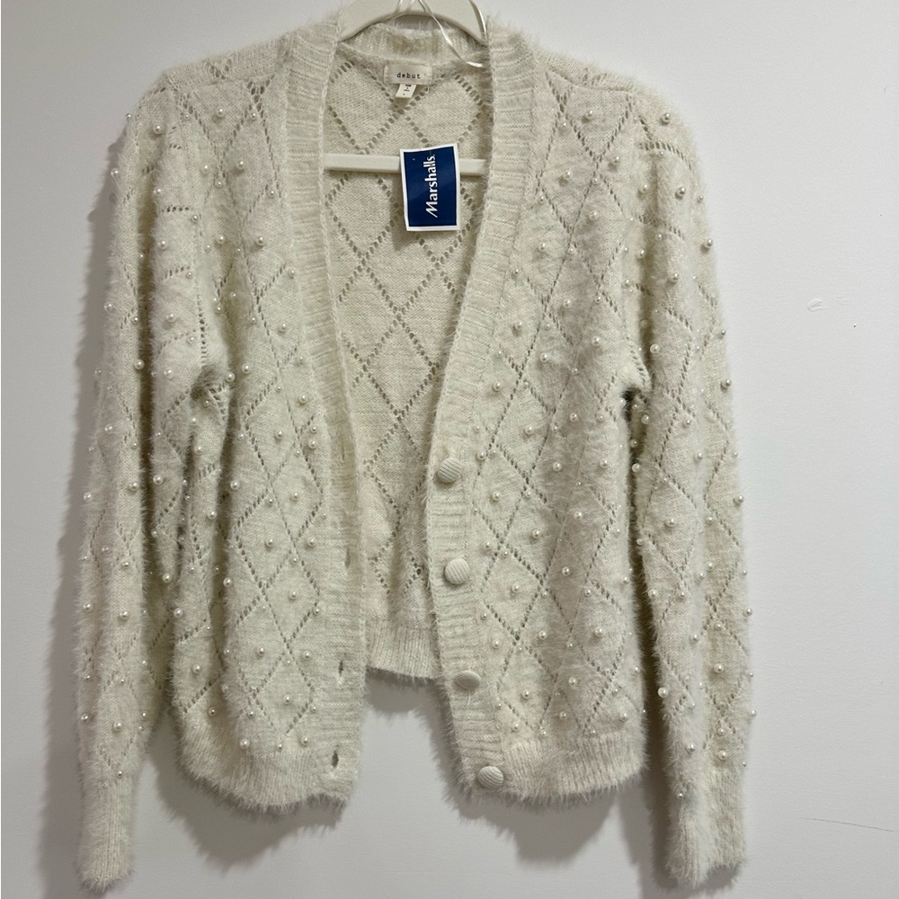 Cream Colored Pearl Cardigan Sweater NWT